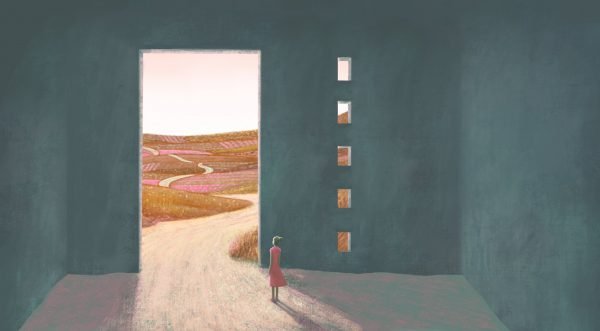 Conceptual art, surreal artwork ,hope freedom life dream way and ambition concept. Woman looking at fantasy nature , 3d illustration. imagination of happiness painting | GracePoint Publishing