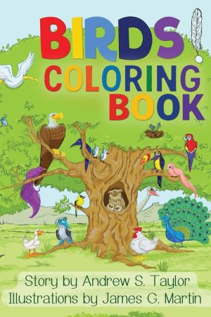 Colorful children's coloring book cover: a large leafy tree with many birds, a nest, and the rainbow title 'Birds Coloring Book' above.