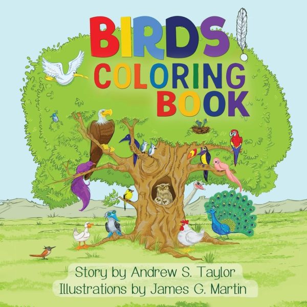 Colorful children's coloring book cover: a large leafy tree with many birds, a nest, and the rainbow title 'Birds Coloring Book' above.