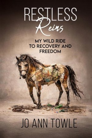 Book cover showing a collage-style horse made of papers and debris on a dusty ground; title 'Restless Reins' and subtitle 'My Wild Ride to Recovery and Freedom' by Jo Ann Towle.